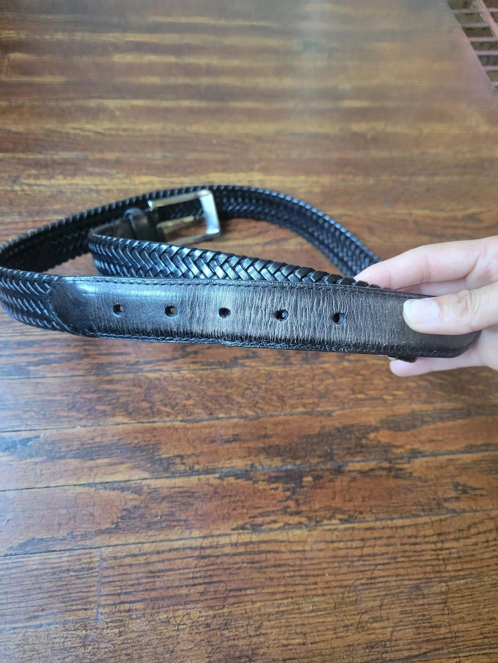 Men's Belt Black 42 Leather Bonded Lace Silver Tone Buckle Casual Dress Men